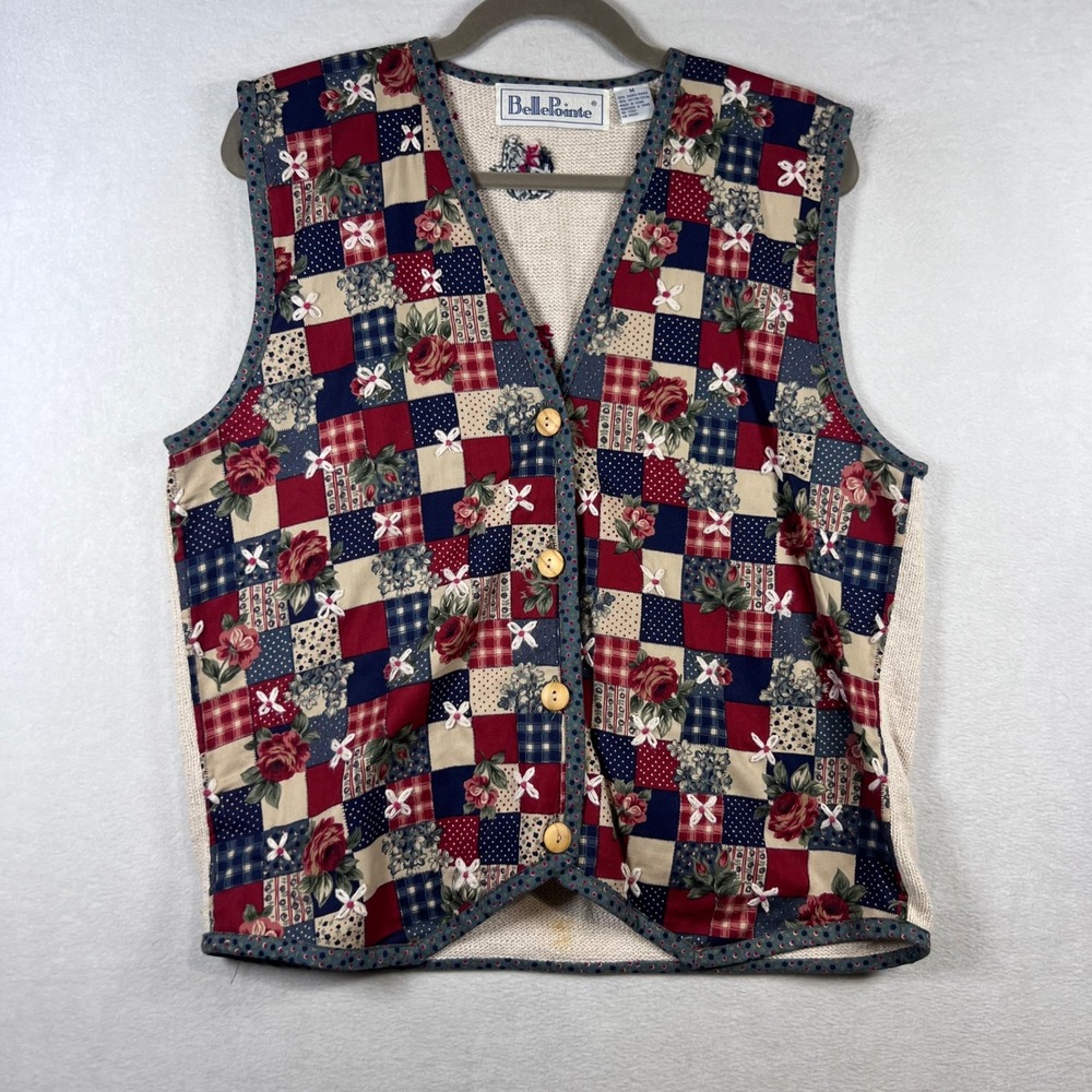 BellePointe Vintage Patchwork Floral Knit Vest Red Navy Cream Women Medium 90s